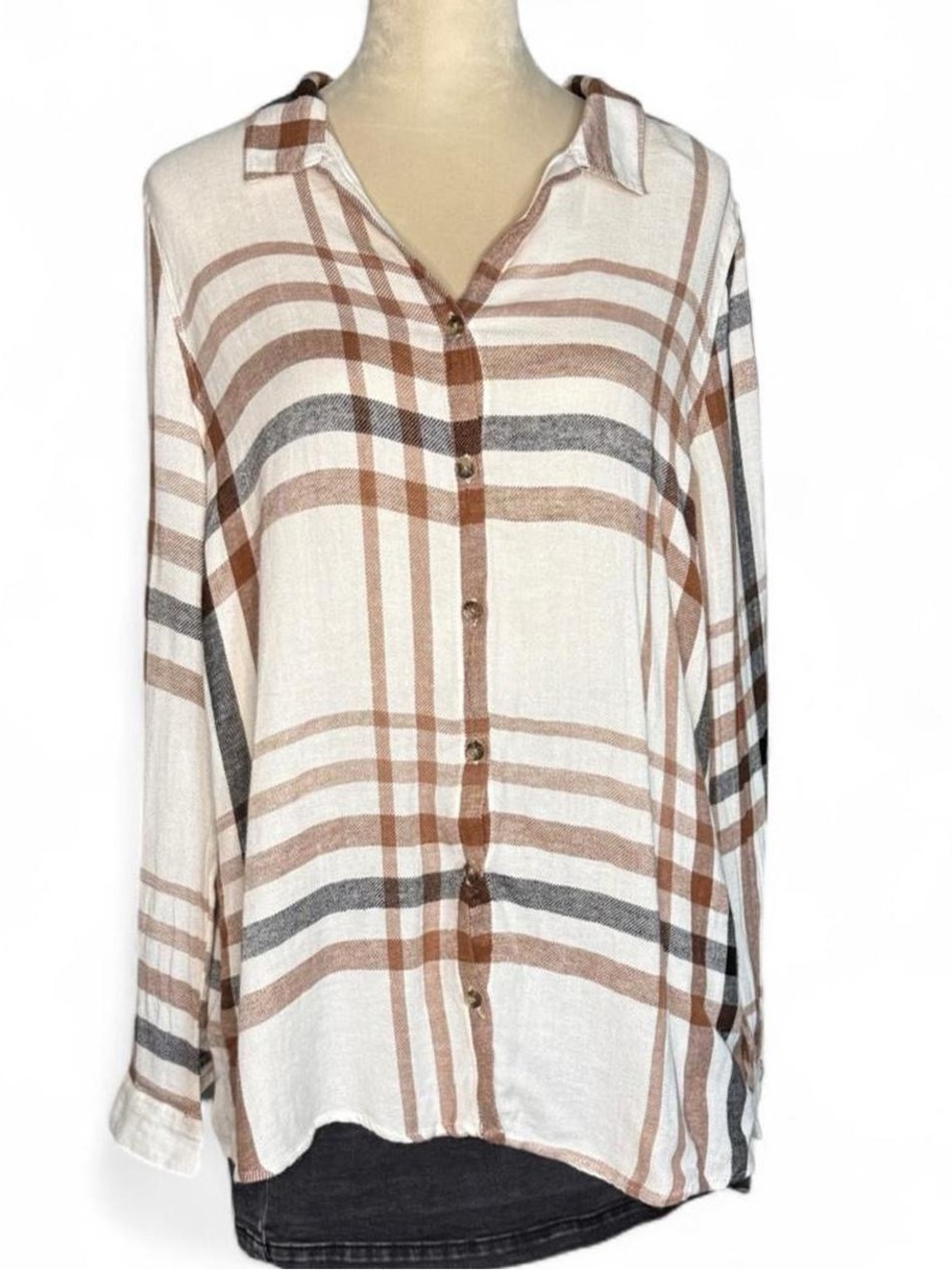Altar'd State cream brown plaid button down shirt L - boho grunge fall